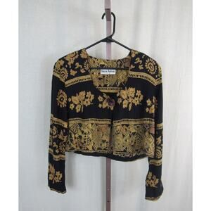 Sharon Anthony Large Crop Black and Gold Floral Jacket Topper Long Sleeve VTG